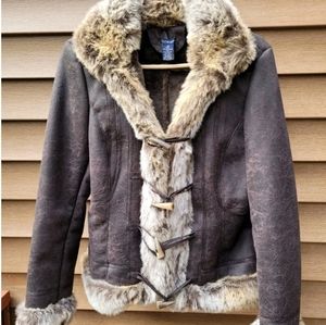 Women's Boston Proper Brown Faux Leather Coat  Faux Fur Size 10 Medium New
